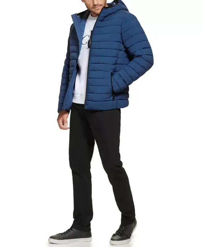 Men's Hooded & Quilted Packable Jacket-Denim Blue - 3
