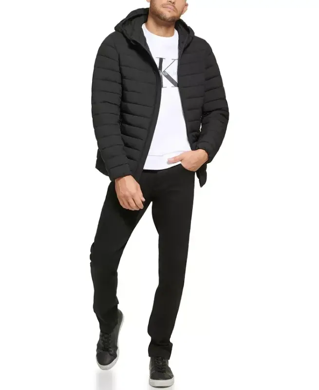Men's Hooded & Quilted Packable Jacket - Ebony - 3