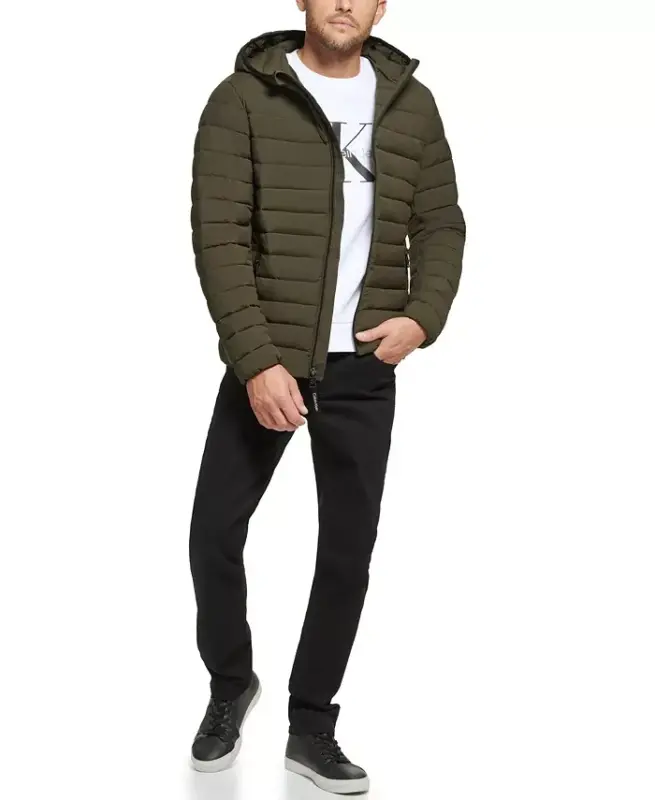 Men's Hooded & Quilted Packable Jacket-Olive - 2
