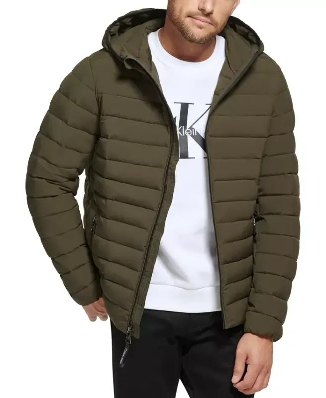Men's Hooded & Quilted Packable Jacket-Olive - 3
