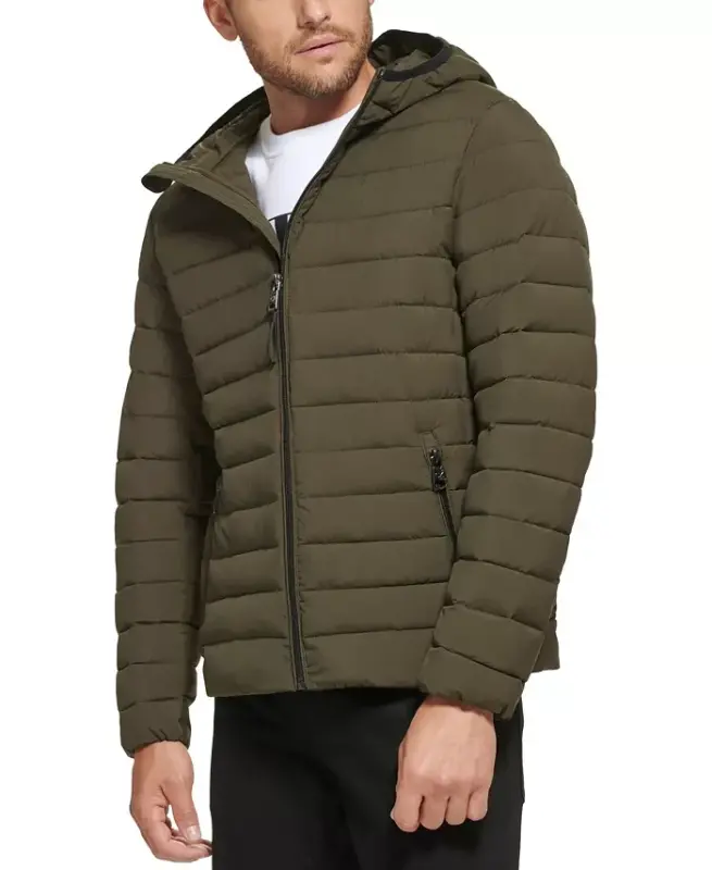 Men's Hooded & Quilted Packable Jacket - Olive - 1