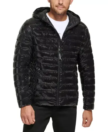Men's Hooded & Quilted Packable Jacket-Shiny Black 