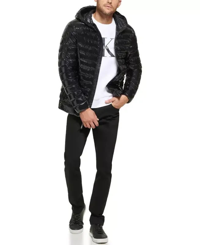 Men's Hooded & Quilted Packable Jacket-Shiny Black - 2