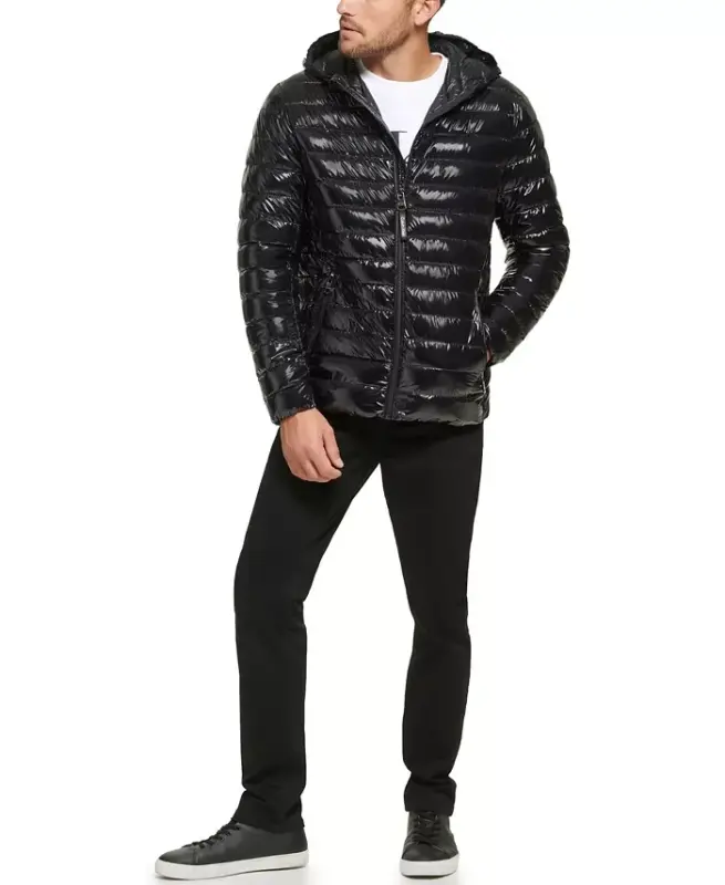 Men's Hooded & Quilted Packable Jacket-Shiny Black - 3
