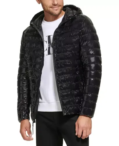 Men's Hooded & Quilted Packable Jacket-Shiny Black - 4