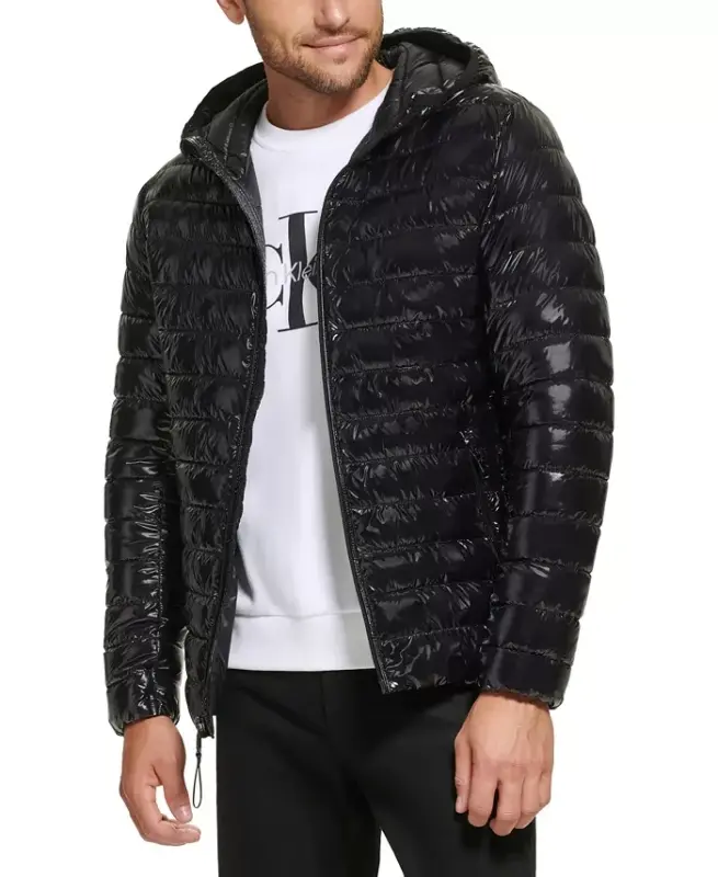 Men's Hooded & Quilted Packable Jacket-Shiny Black - 4