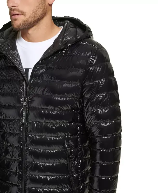 Men's Hooded & Quilted Packable Jacket-Shiny Black - 5