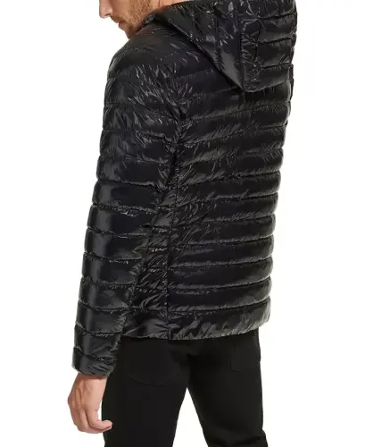 Men's Hooded & Quilted Packable Jacket-Shiny Black - 6