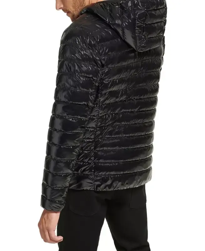 Men's Hooded & Quilted Packable Jacket-Shiny Black - 6