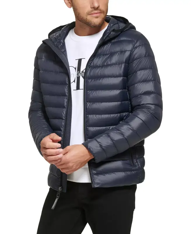 Men's Hooded & Quilted Packable Jacket-True Navy - 1
