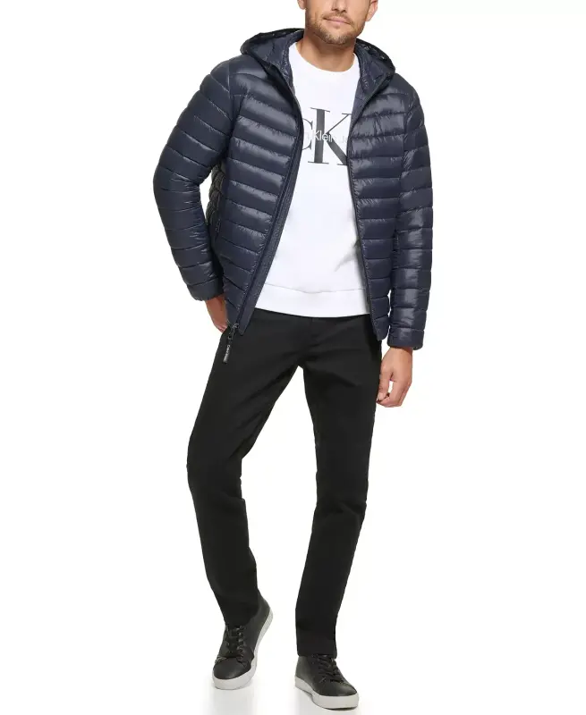 Men's Hooded & Quilted Packable Jacket-True Navy - 2