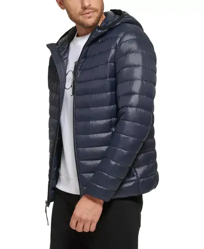 Men's Hooded & Quilted Packable Jacket-True Navy - 3