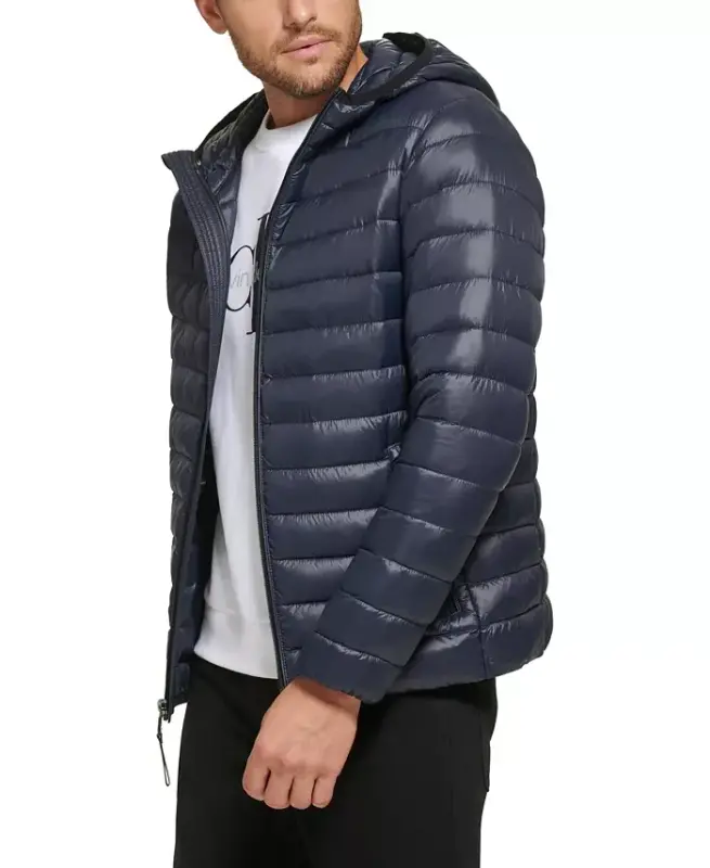 Men's Hooded & Quilted Packable Jacket-True Navy - 3
