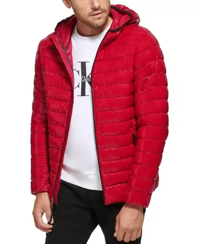 Men's Hooded & Quilted Packable Jacket - True Red - 3