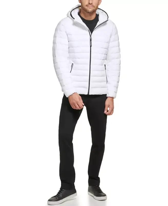 Men's Hooded & Quilted Packable Jacket - White - 4