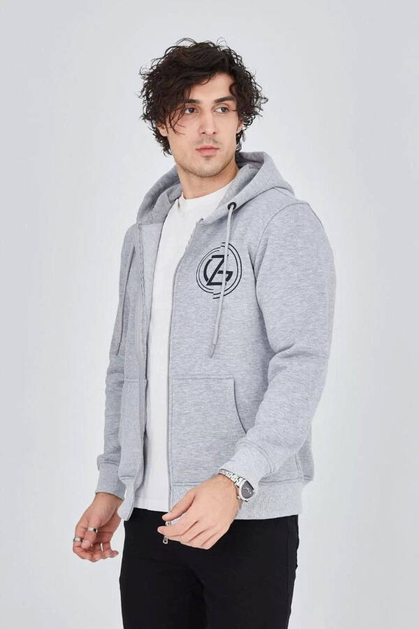 Men's hooded, zippered, printed sweatshirt - Grey. - 1