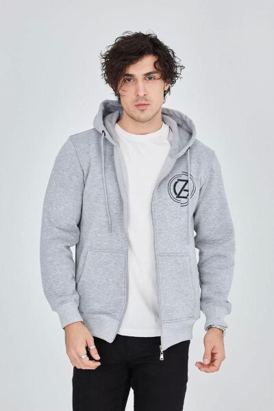 Men's hooded, zippered, printed sweatshirt - Grey. - 3