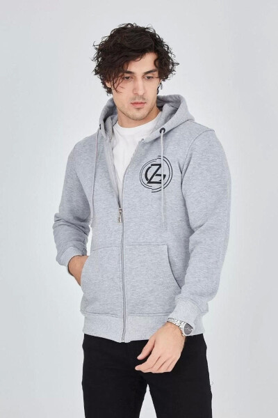 Men's hooded, zippered, printed sweatshirt - Grey. - 4