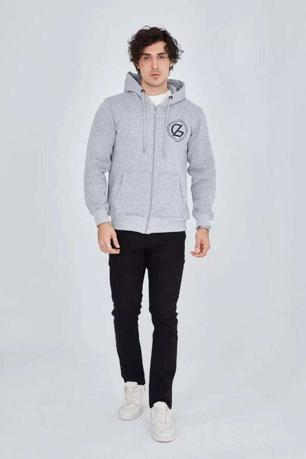 Men's hooded, zippered, printed sweatshirt - Grey. - 5