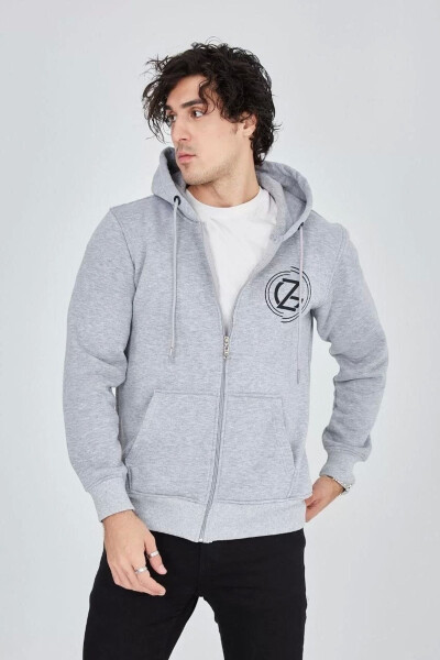 Men's hooded, zippered, printed sweatshirt - Grey. - 6