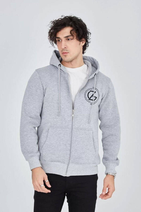 Men's hooded, zippered, printed sweatshirt - Grey. - 7