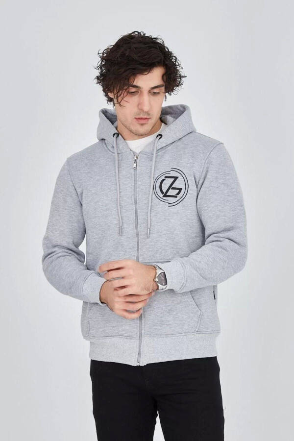 Men's hooded, zippered, printed sweatshirt - Grey. - 8