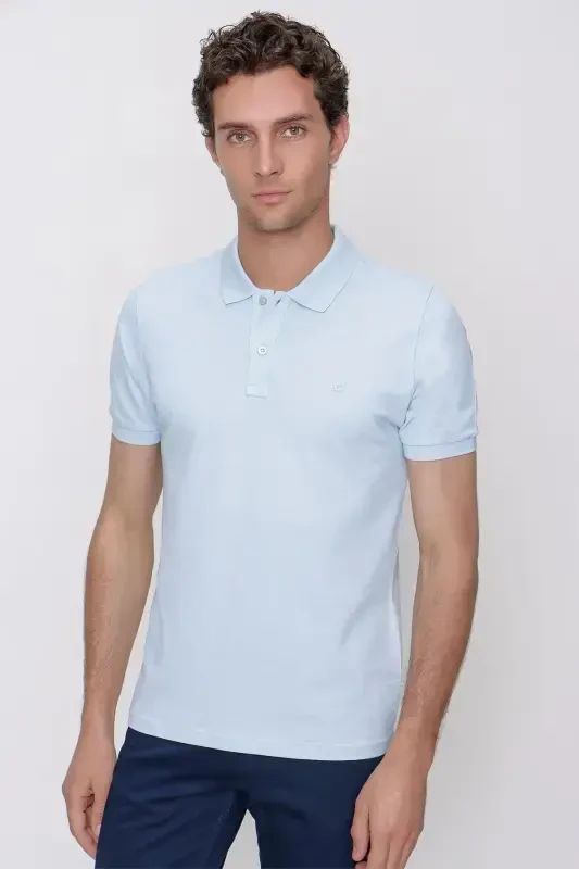 Men's Ice Blue Basic Plain 100% Cotton Slim Fit Short Sleeve Polo Neck T-Shirt - MORVEN