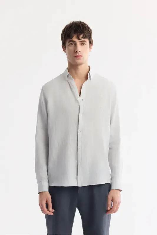 Men's Ice Grey Comfort Fit 100% Linen Button-Down Collar Shirt B002191-Ice Grey - AVVA