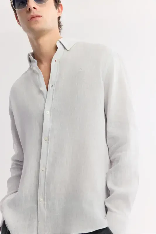 Men's Ice Grey Comfort Fit 100% Linen Button-Down Collar Shirt B002191-Ice Grey - 2