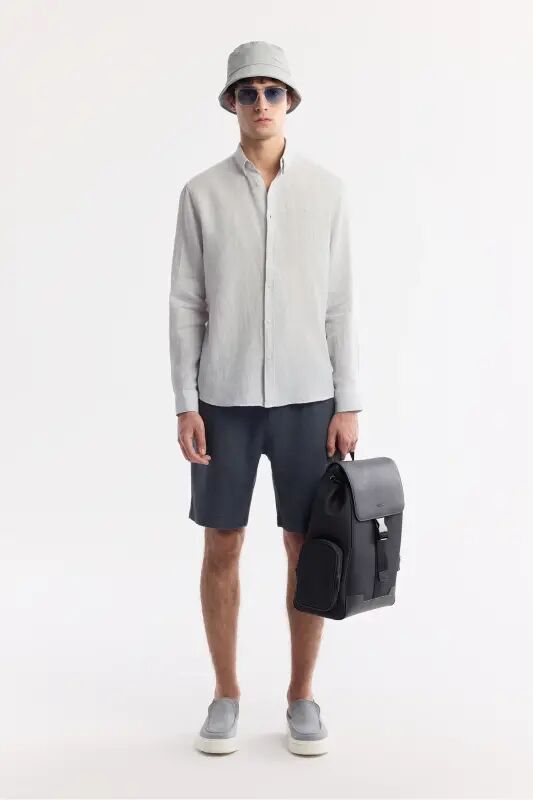 Men's Ice Grey Comfort Fit 100% Linen Button-Down Collar Shirt B002191-Ice Grey - 5