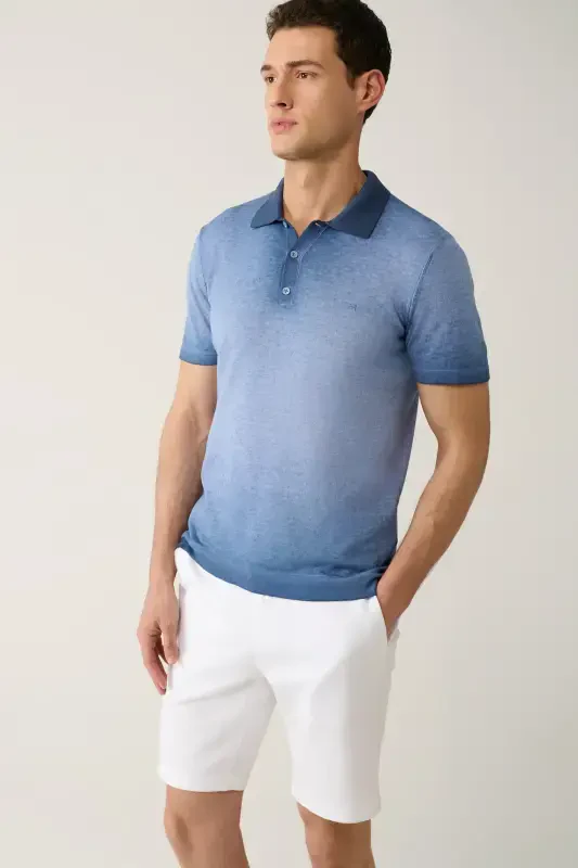 Men's Indigo 3 Button Paint Effect Polo Collar Knit T-Shirt A41Y5114-Indigo - AVVA