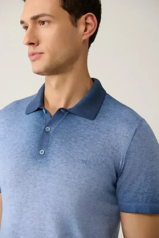 Men's Indigo 3 Button Paint Effect Polo Collar Knit T-Shirt A41Y5114-Indigo - 2
