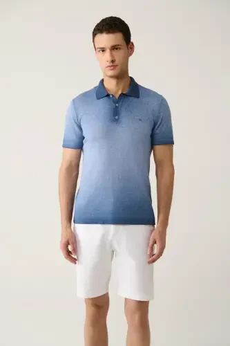 Men's Indigo 3 Button Paint Effect Polo Collar Knit T-Shirt A41Y5114-Indigo - 3