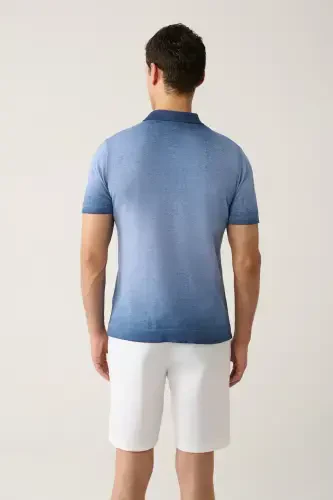 Men's Indigo 3 Button Paint Effect Polo Collar Knit T-Shirt A41Y5114-Indigo - 4