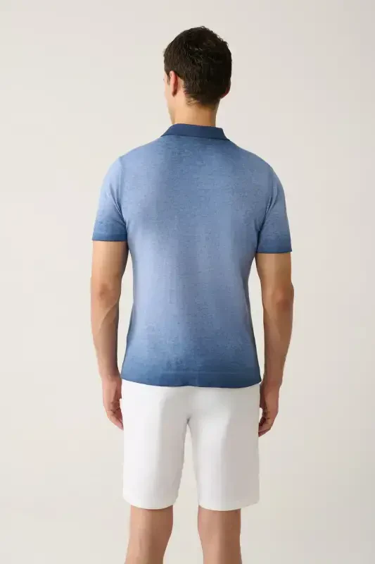 Men's Indigo 3 Button Paint Effect Polo Collar Knit T-Shirt A41Y5114-Indigo - 4