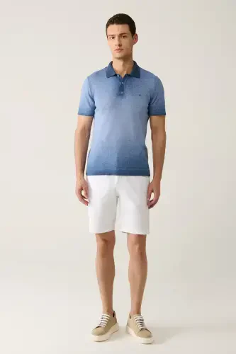 Men's Indigo 3 Button Paint Effect Polo Collar Knit T-Shirt A41Y5114-Indigo - 5