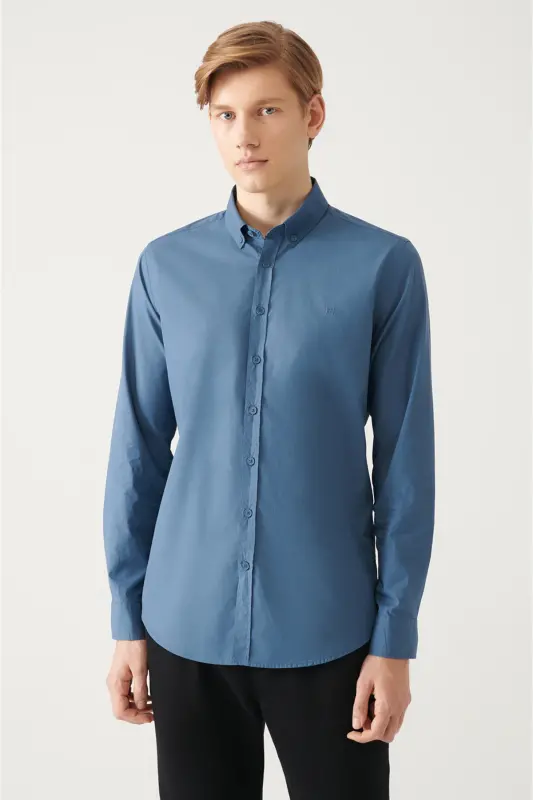 Men's Indigo Button-Down Collar Basic 100% Cotton Shirt B002030-Indigo - 1