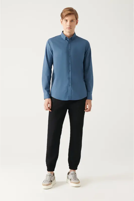 Men's Indigo Button-Down Collar Basic 100% Cotton Shirt B002030-Indigo - 5