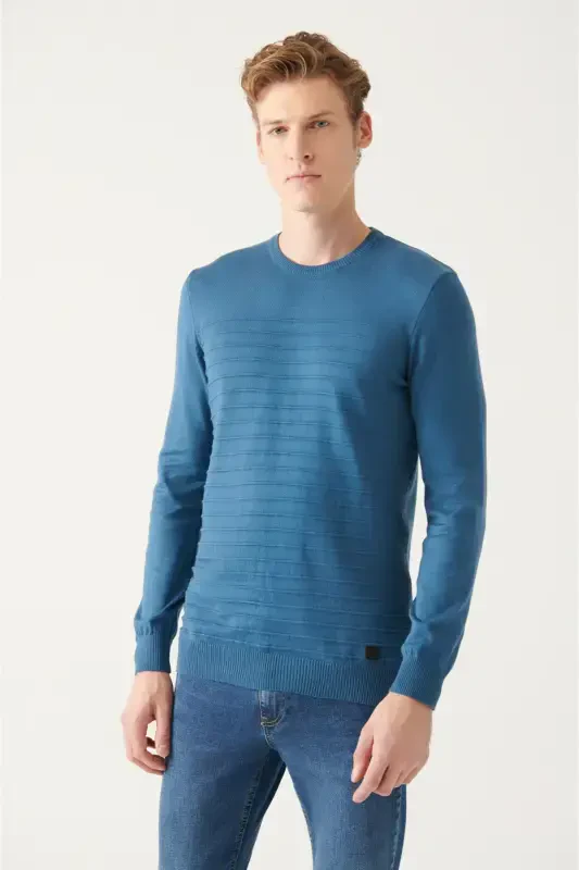 Men's Indigo Crew Neck Cotton Knit Sweater A22y5074-Indigo - 1