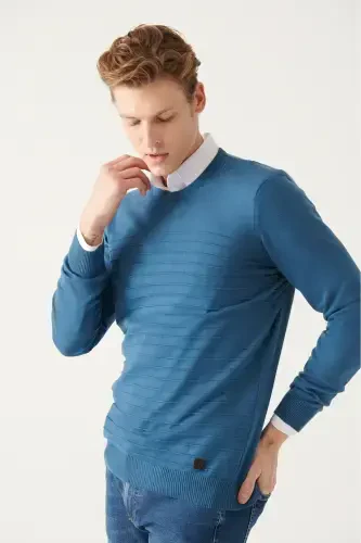 Men's Indigo Crew Neck Cotton Knit Sweater A22y5074-Indigo - 3