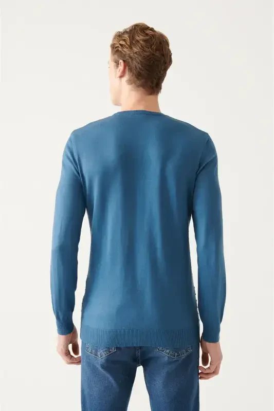 Men's Indigo Crew Neck Cotton Knit Sweater A22y5074-Indigo - 4