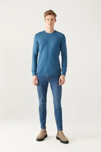 Men's Indigo Crew Neck Cotton Knit Sweater A22y5074-Indigo - 5