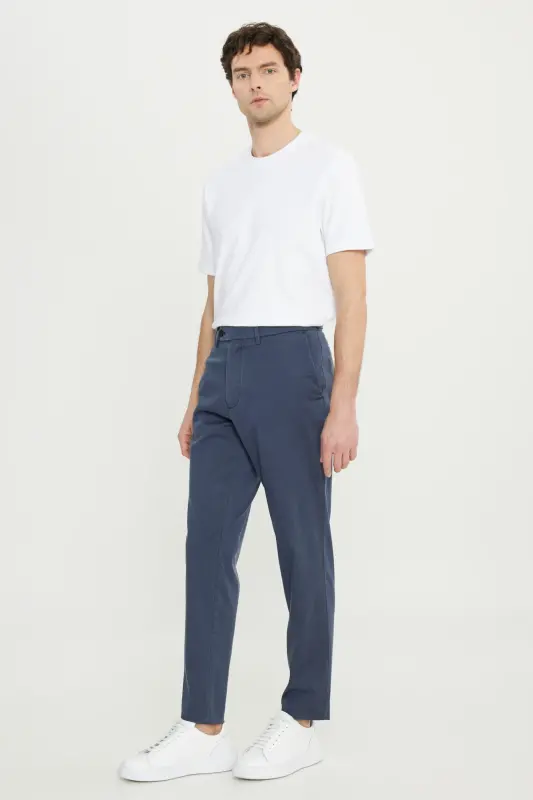 Men's Indigo-Gray Cotton Slim Fit Narrow Cut Side Pocket Flexible Casual Pants - 3