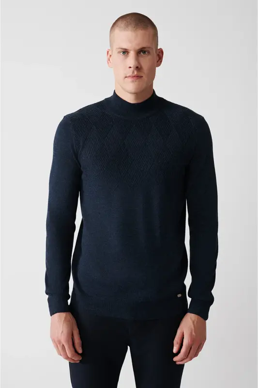 Men's Indigo Half Fisherman Collar Wool Blend Patterned Front Knit Sweater A32y5193-Indigo - 1