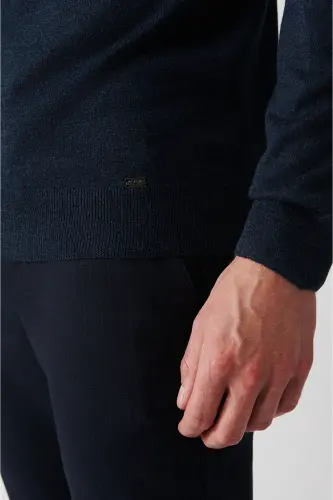 Men's Indigo Half Fisherman Collar Wool Blend Patterned Front Knit Sweater A32y5193-Indigo - 3