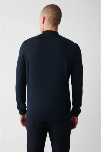 Men's Indigo Half Fisherman Collar Wool Blend Patterned Front Knit Sweater A32y5193-Indigo - 4
