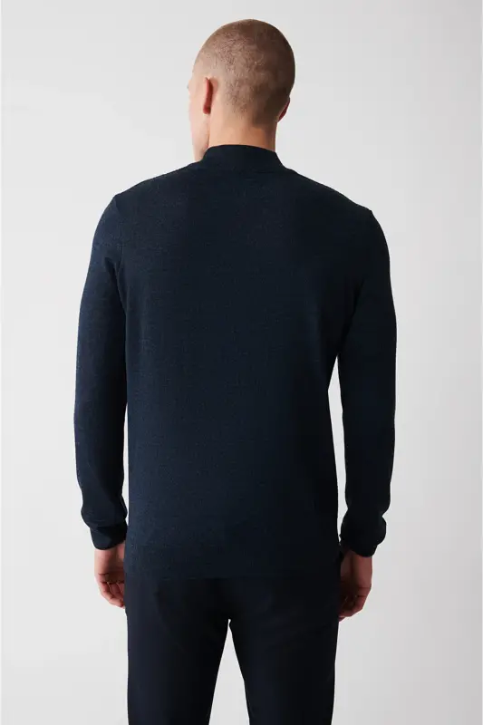 Men's Indigo Half Fisherman Collar Wool Blend Patterned Front Knit Sweater A32y5193-Indigo - 4