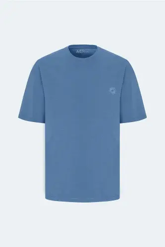Men's Indigo Loose Fit Relaxed Fit 100% Cotton Printed Crew Neck T-shirt - 8