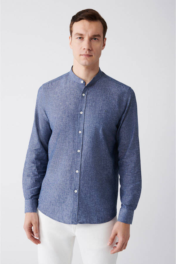 Men's Indigo Mandarin Collar Linen Blend Regular Fit Shirt B002027 - 7