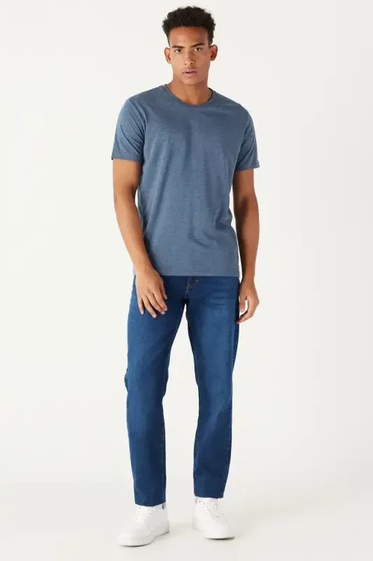 Men's Indigo Melange Cotton Slim Fit Crew Neck Basic T-shirt-INDIGO MELANGE - 11
